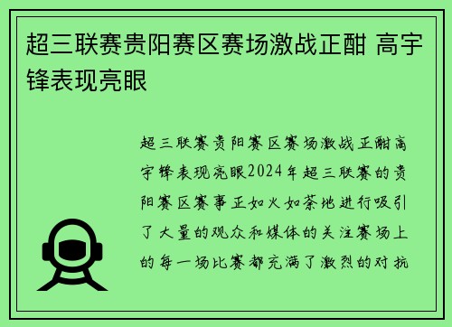 超三联赛贵阳赛区赛场激战正酣 高宇锋表现亮眼